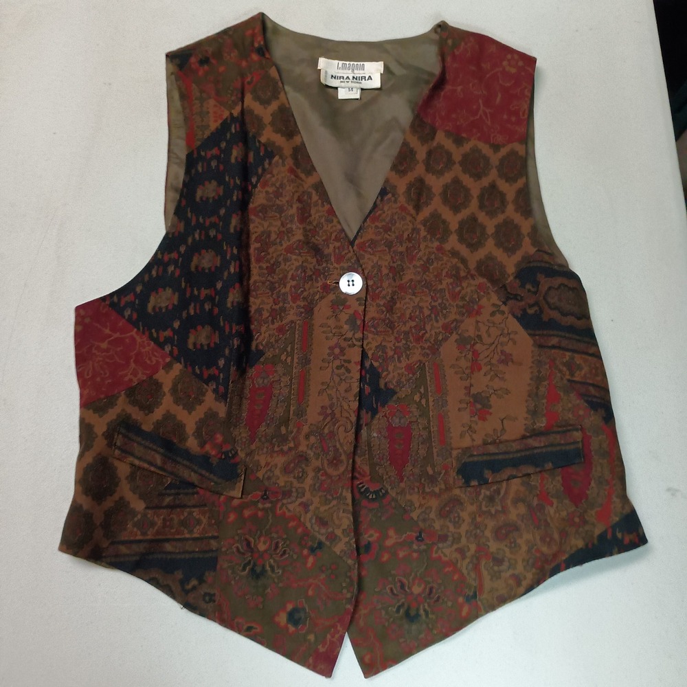 NIRA NIRA NEW YORK Patchwork Paisley Vest Women Size 14 Brown Red‎ Green